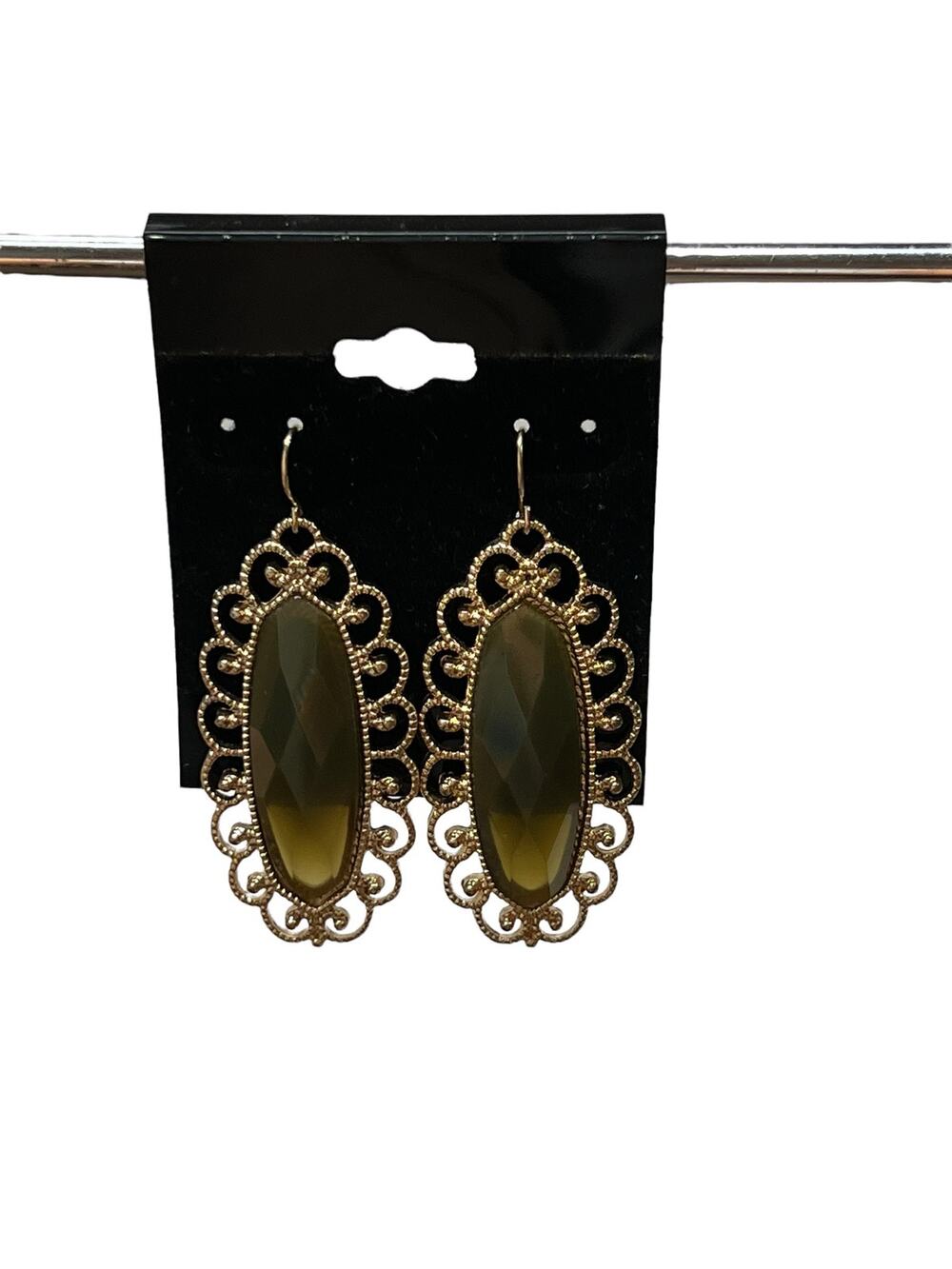1928 Jewelry Antique Style Gold Tone Green Oval Cats Eye Filigree Drop Earrings